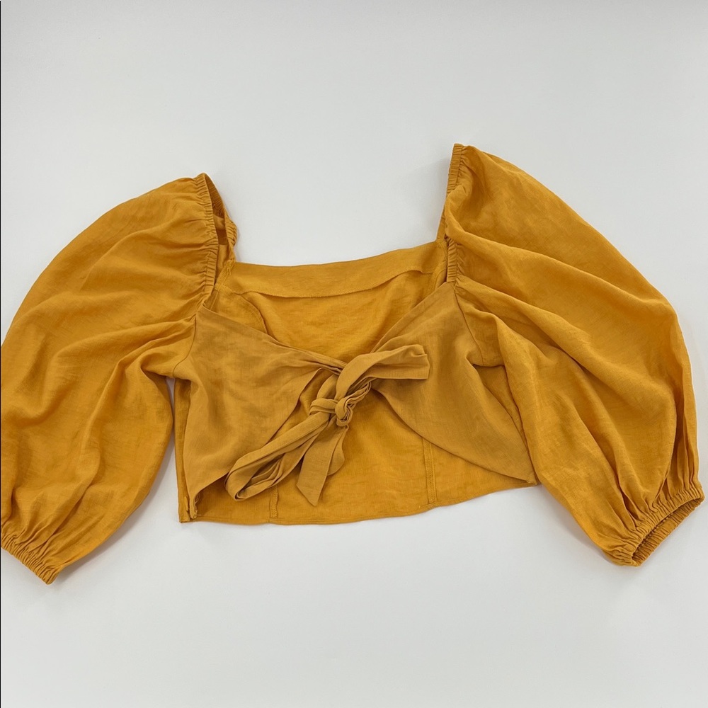 Express Mustard Puff Sleeve Blouse feminine dainty tie back boho resort wear NWT - Picture 2 of 8